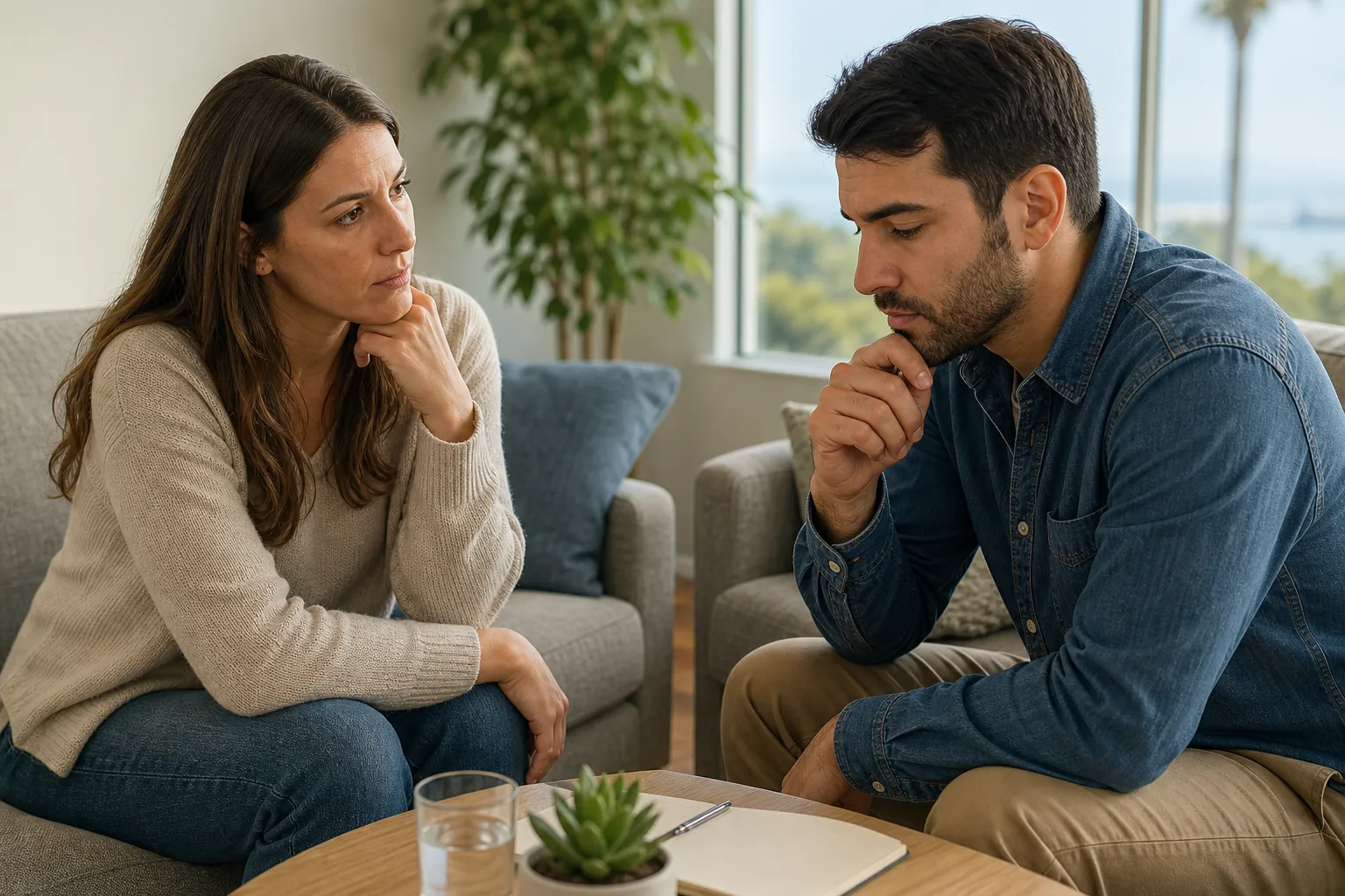 A woman watches a pensive man seated across a coffee table with a blank notebook, pen, water glass, and small succulent.