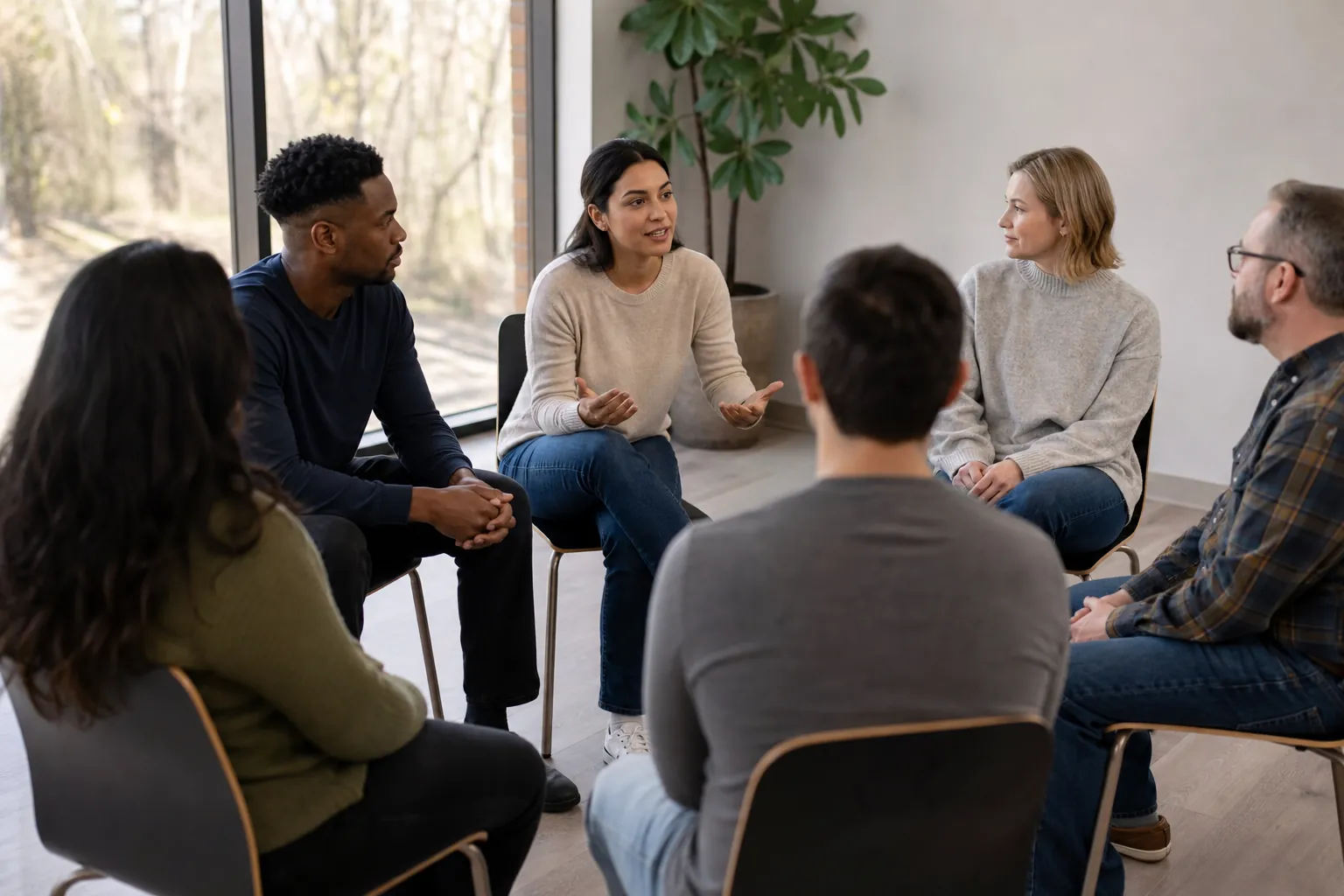 Six adults sit in a circle in a bright room, listening as a woman in a beige sweater speaks and gestures with her hands.