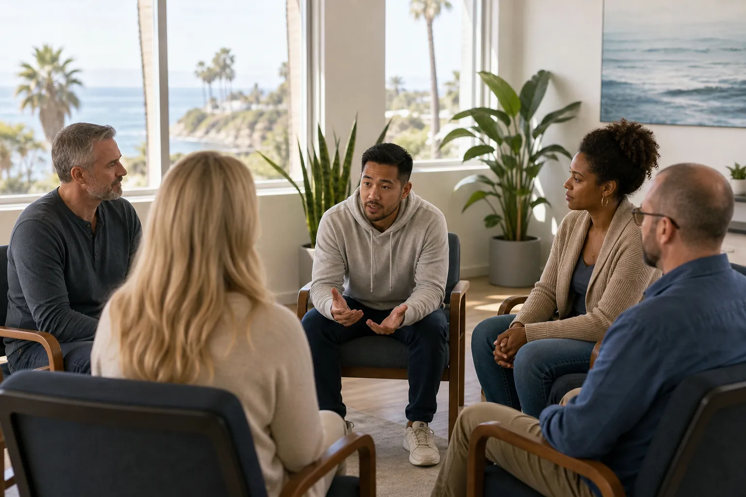 Five adults sit in a group therapy circle at a coastal California rehab center, with ocean and palm trees outside.