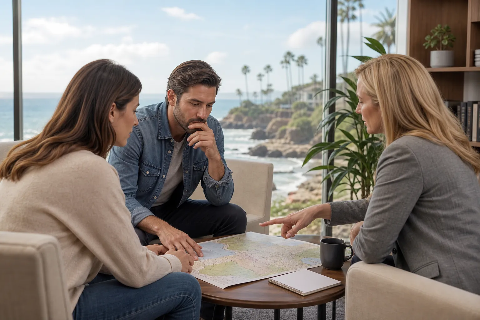 Three adults discuss a map at a table in an office overlooking a palm-lined California coast.