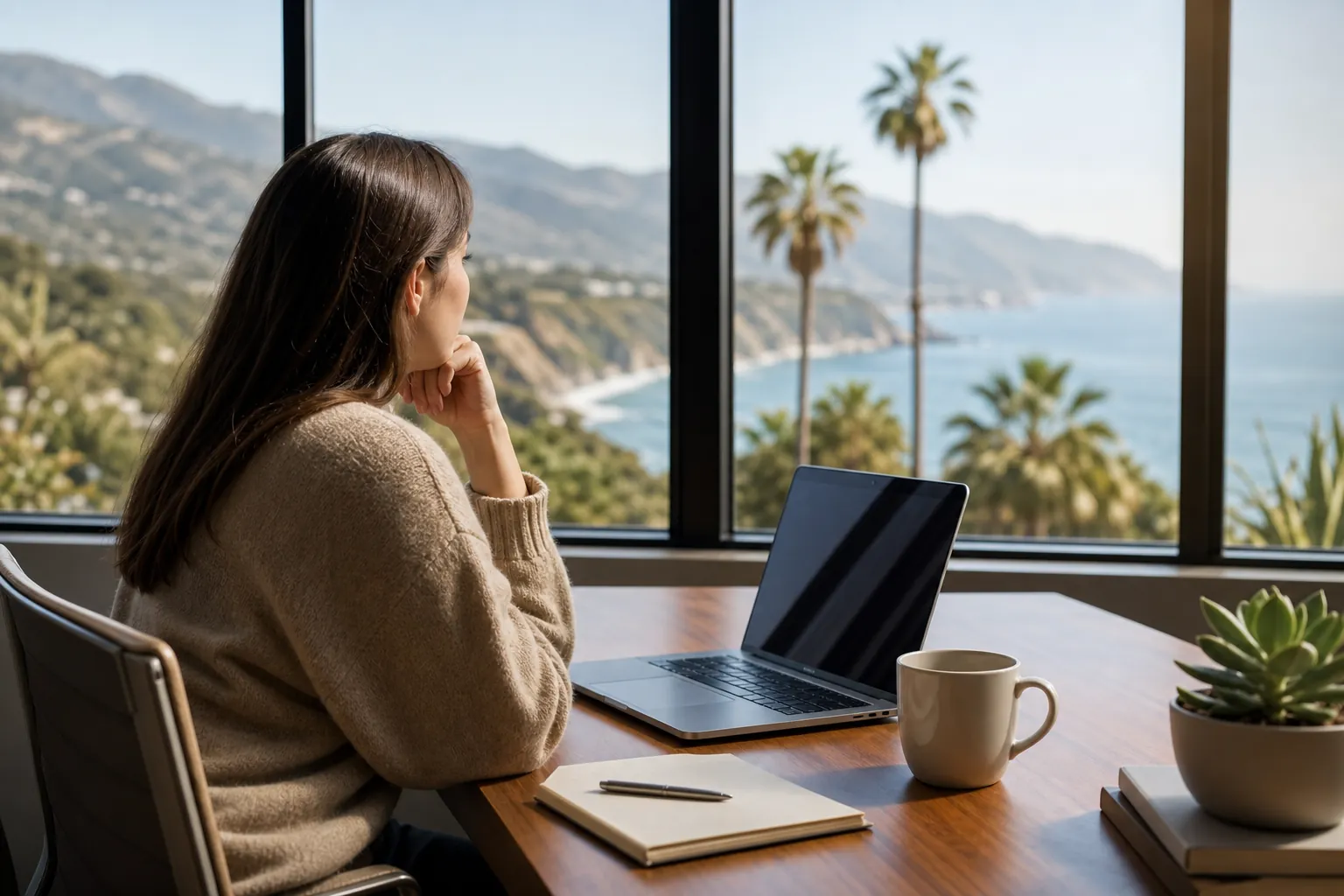 Woman seated at a desk with a laptop, notebook and mug, looking through windows at a California coastline.