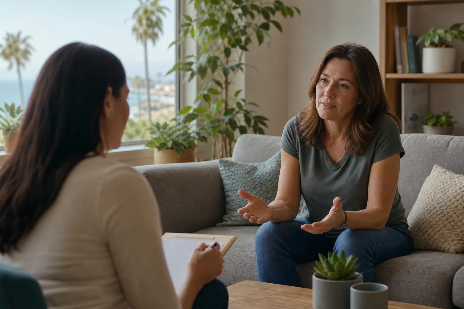 Woman Talking With a Counselor in an Outpatient Setting A woman speaks with a counselor holding a clipboard in a bright office with palm trees visible outside.