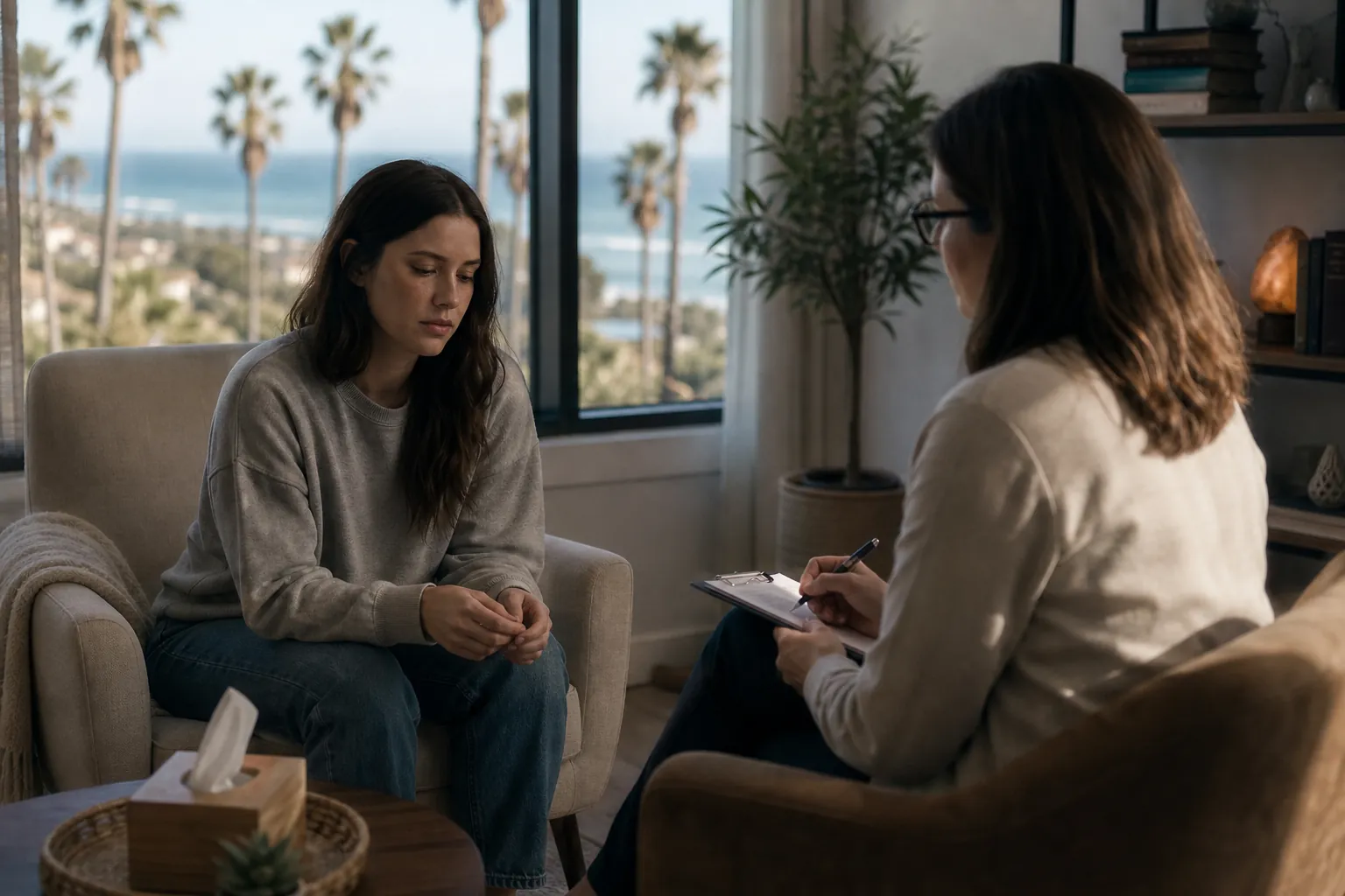 Outpatient counseling session in a coastal California office A woman speaks with a counselor taking notes in a bright office overlooking palm trees and the California coast.