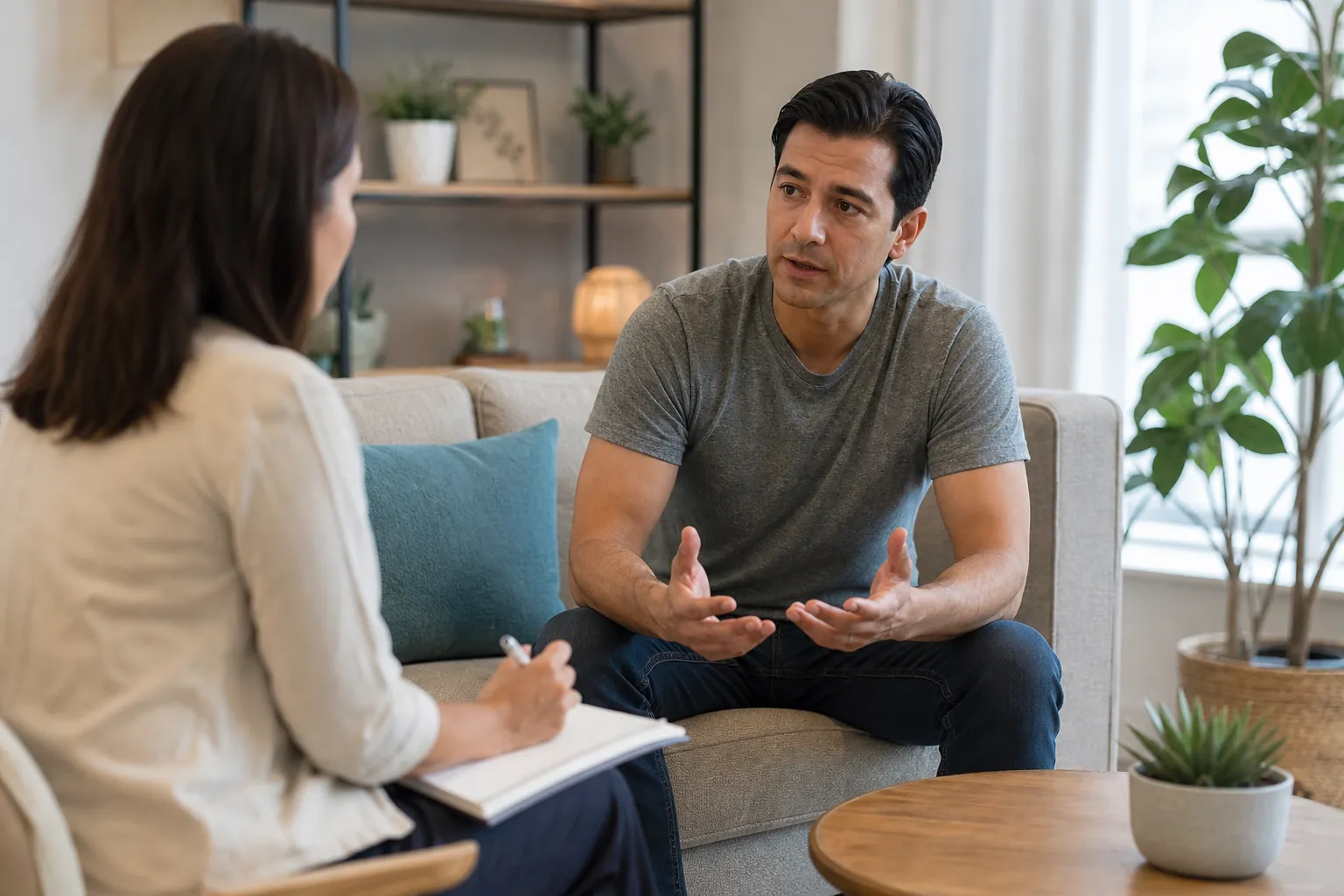 Man Speaking With an Outpatient Treatment Counselor A man gestures while speaking with a female counselor taking notes in a comfortable office setting.