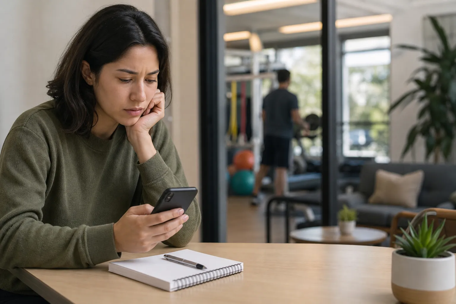 Woman checking her phone at an outpatient rehab clinic Concerned woman checks her phone beside a notebook in an outpatient rehabilitation clinic waiting area.