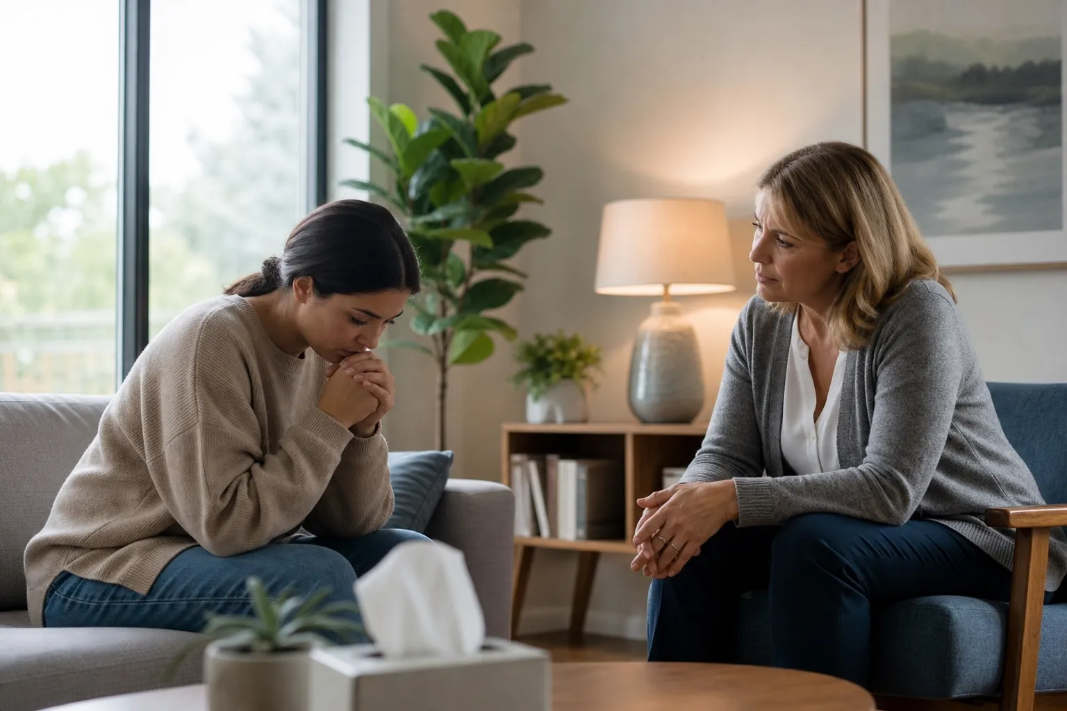 Counselor meeting with a patient in an outpatient therapy office A counselor listens to a distressed young woman seated on a sofa in a calm outpatient therapy office.