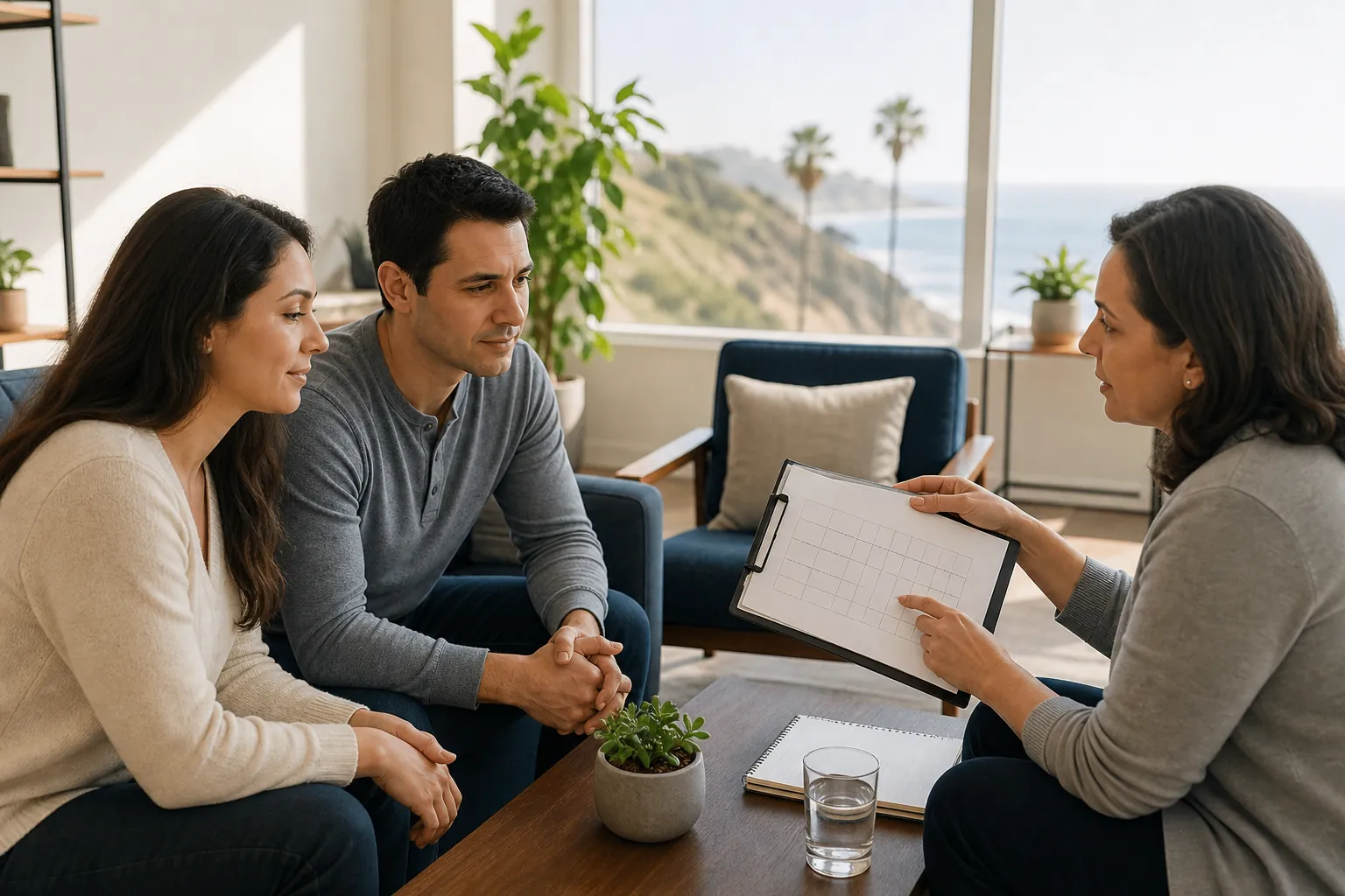 Counselor Discusses a Recovery Plan With a Couple A counselor shows a blank planning chart to a couple during a recovery consultation in a bright coastal office.