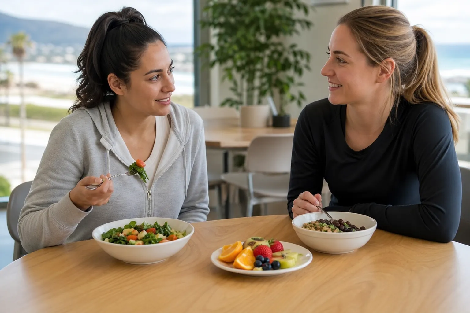 Two women sharing healthy food in a coastal dining area Two women talk over bowls of healthy food and a shared fruit plate in a bright dining area overlooking the coast.