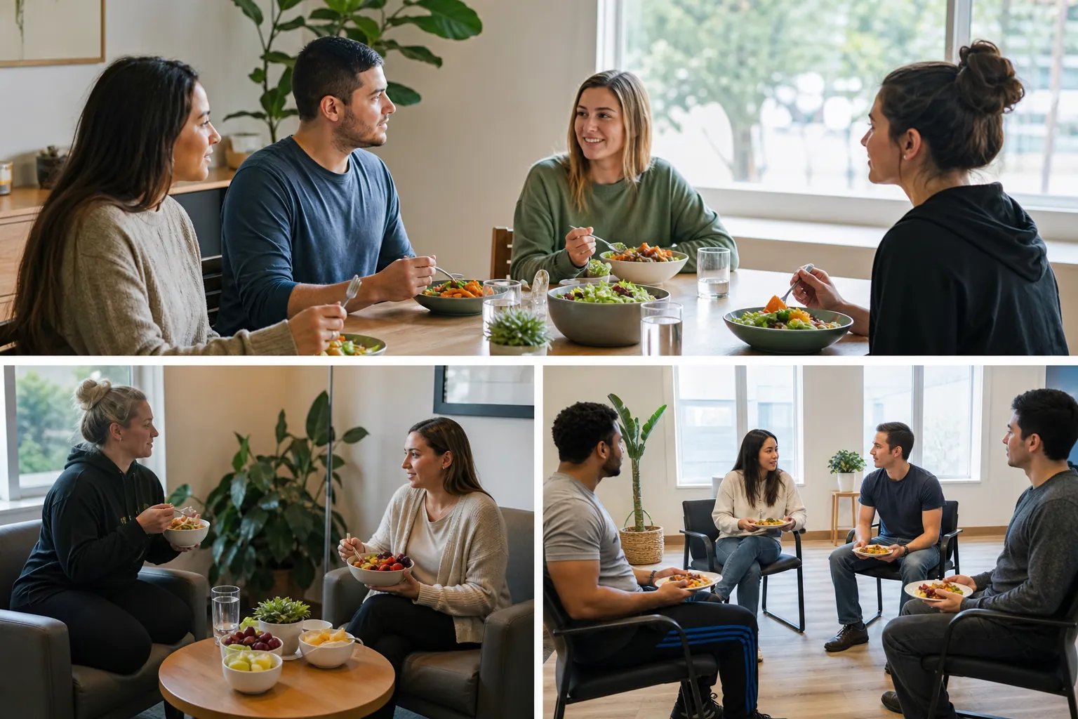 Meals Across Outpatient Rehab Levels of Care Collage of outpatient rehab groups sharing salads and fruit at a dining table and during seated counseling sessions.
