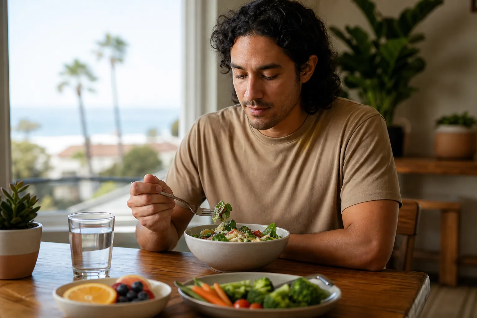 Man Eating a Nutritious Meal During Recovery Man eating a salad at a table with fruit, vegetables, and water in a bright coastal home setting.