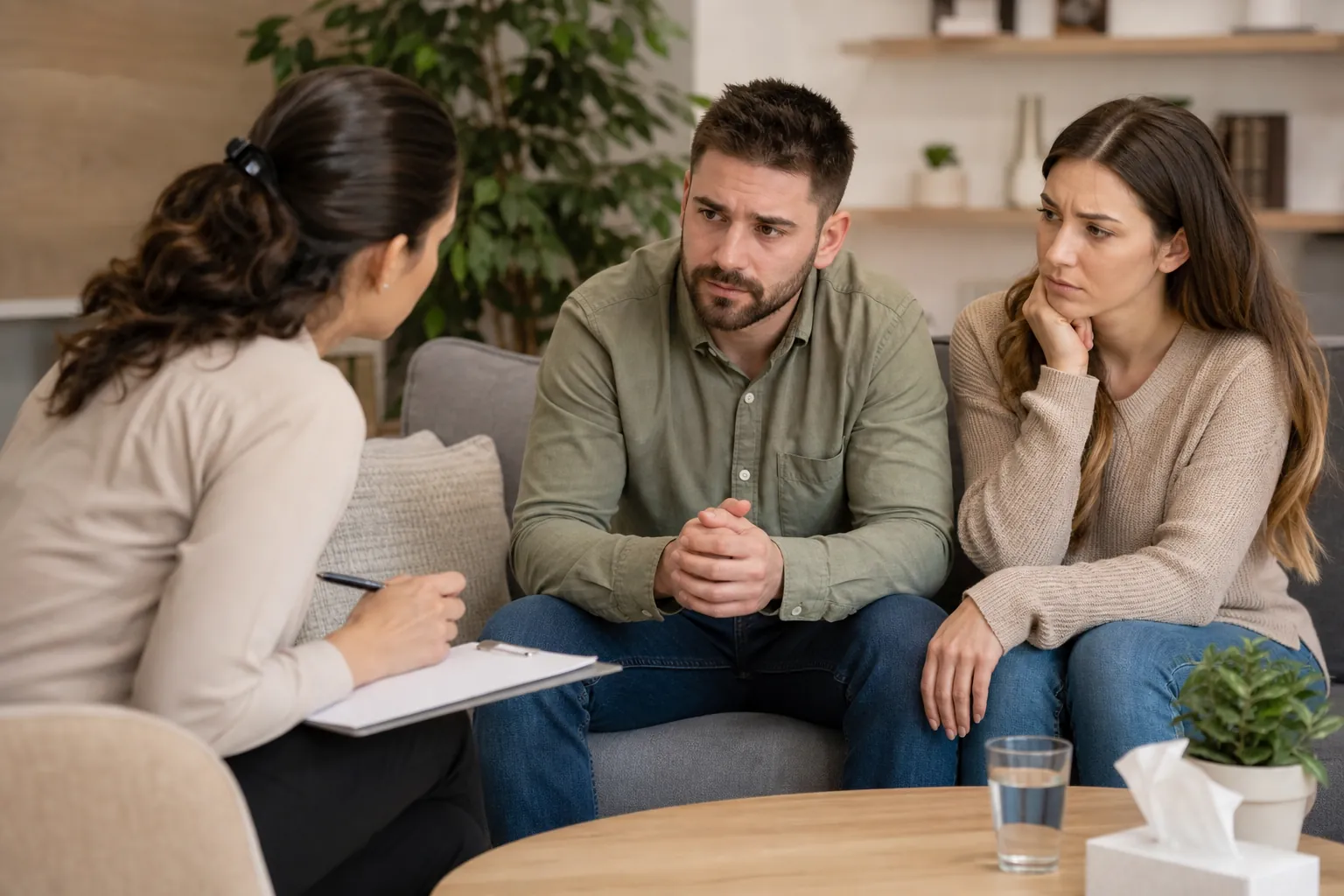 Counselor meeting with a concerned couple A counselor takes notes while speaking with a concerned man and woman seated together on a couch.