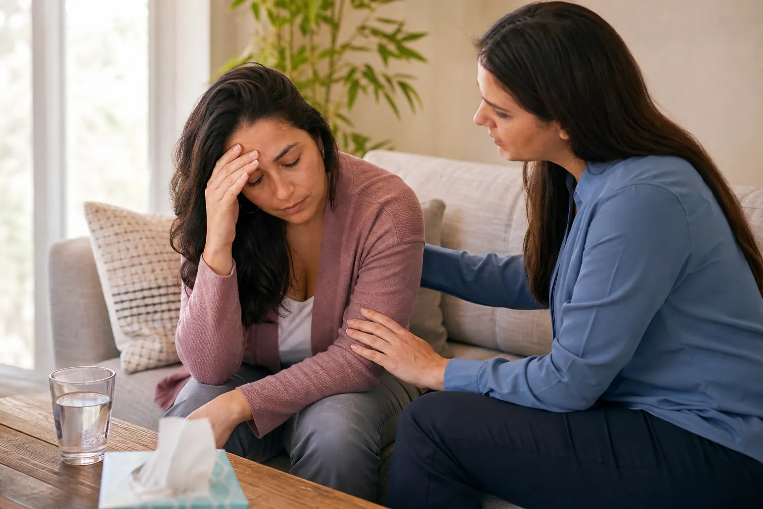 Support for a distressed outpatient rehab participant A woman comforts a distressed woman seated on a sofa beside a glass of water and a box of tissues.