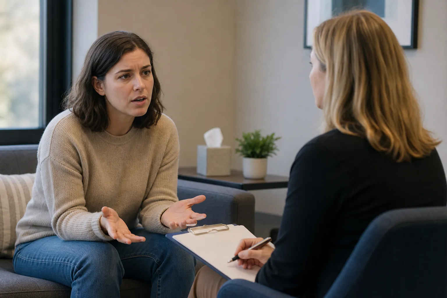 Patient Discussing a Concern With an Outpatient Counselor A concerned woman gestures while speaking with a counselor holding a clipboard in an outpatient treatment office.