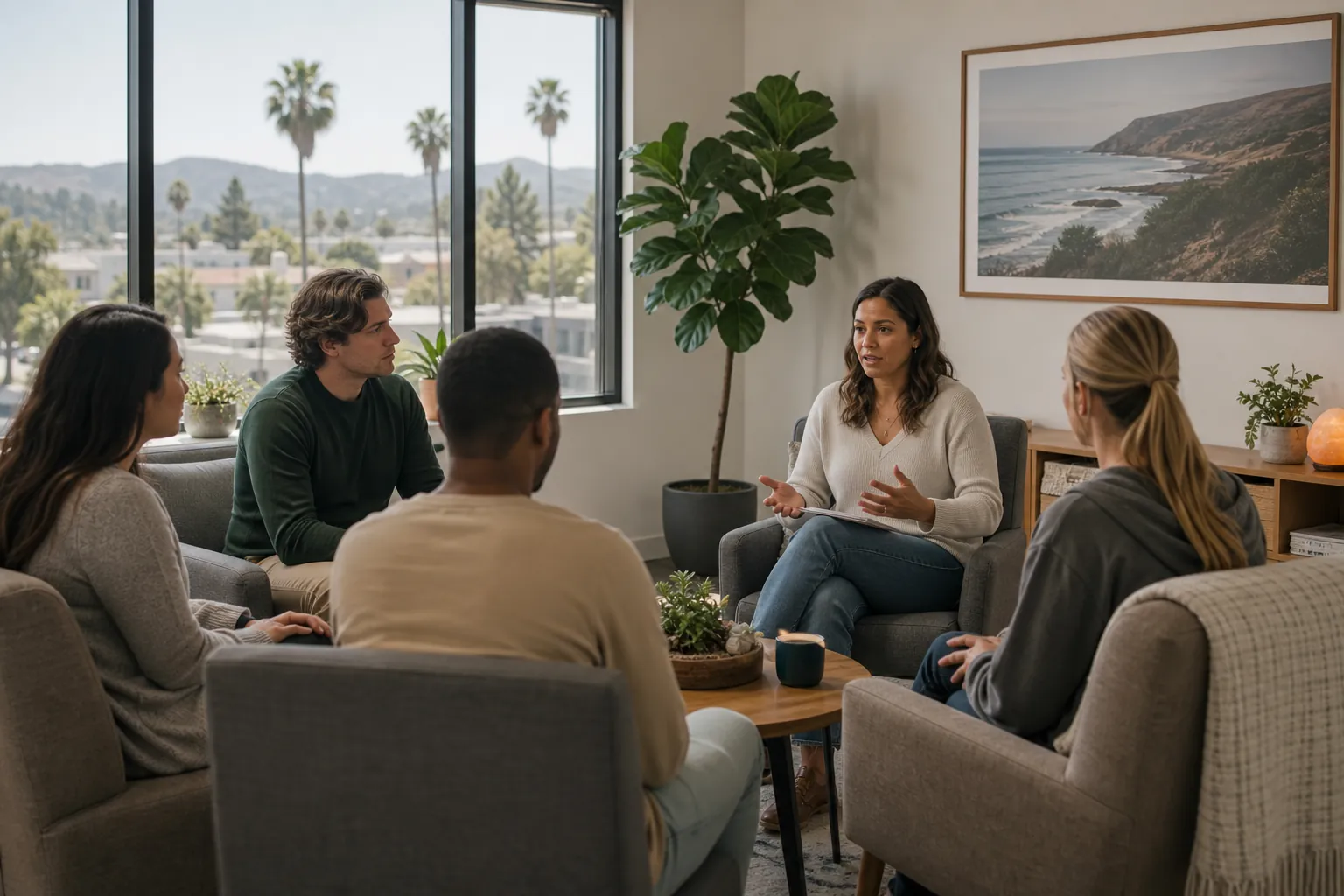 Outpatient group counseling session in California Five adults sit in a counseling group in a bright room with palm trees and hills visible through large windows.