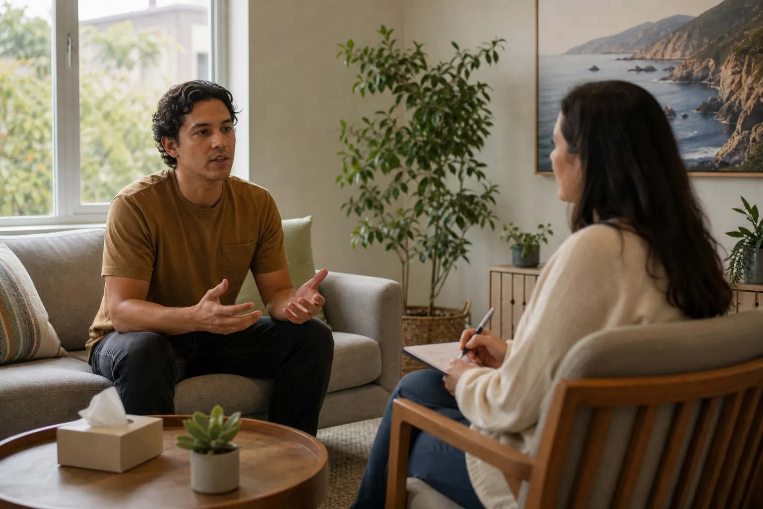 Man Speaking With a Counselor in an Outpatient Therapy Session A man gestures while speaking with a female counselor taking notes in a bright, comfortable therapy room.