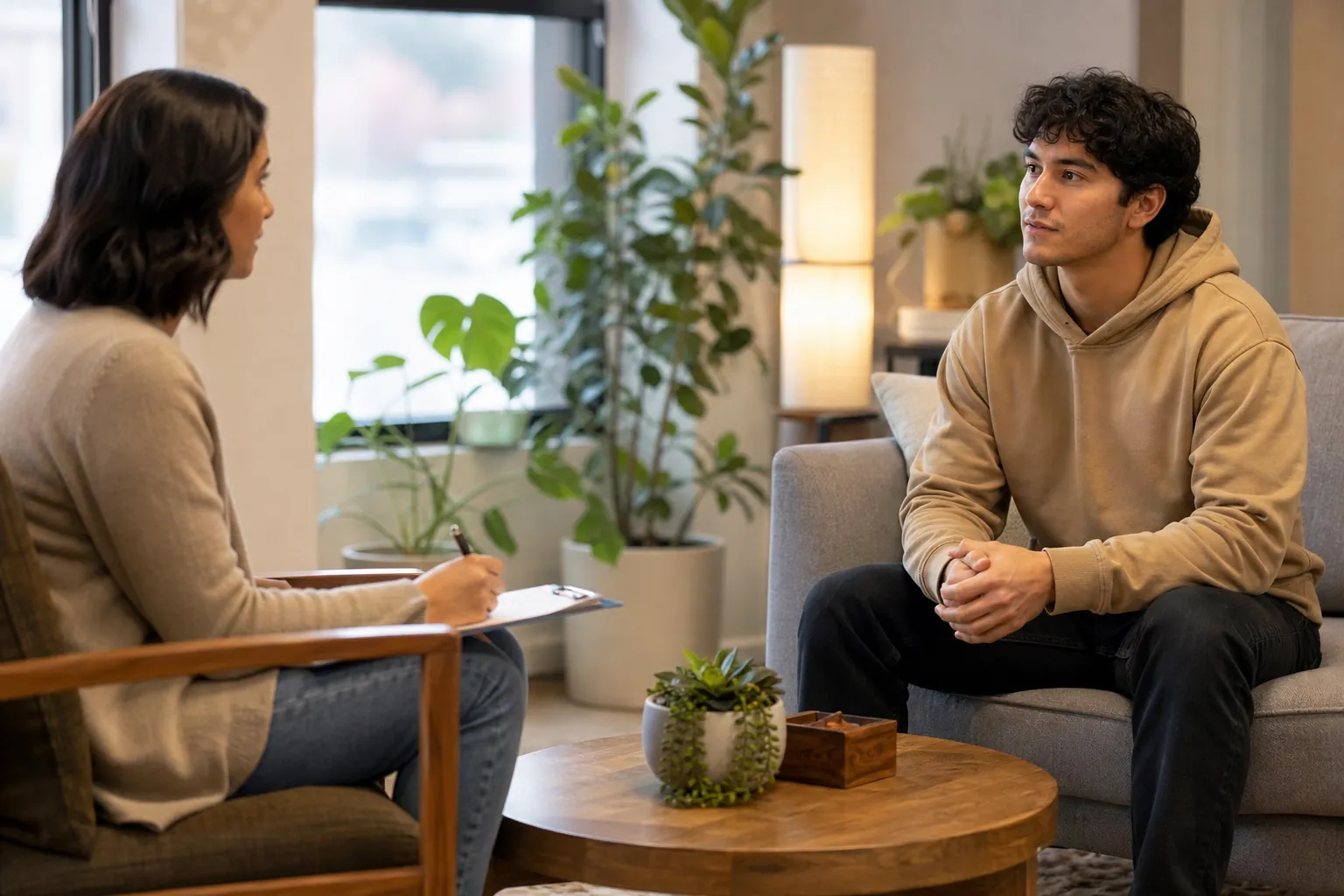 Counselor Meeting With a Young Man in an Outpatient Setting A counselor with a clipboard speaks with a young man seated across from her in a comfortable, plant-filled office.