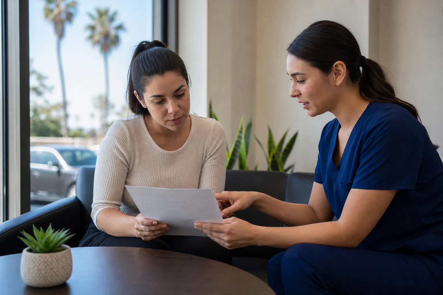 Clinic staff member reviews paperwork with a patient A woman in navy medical scrubs reviews a paper with a patient seated beside her in a clinic waiting area.