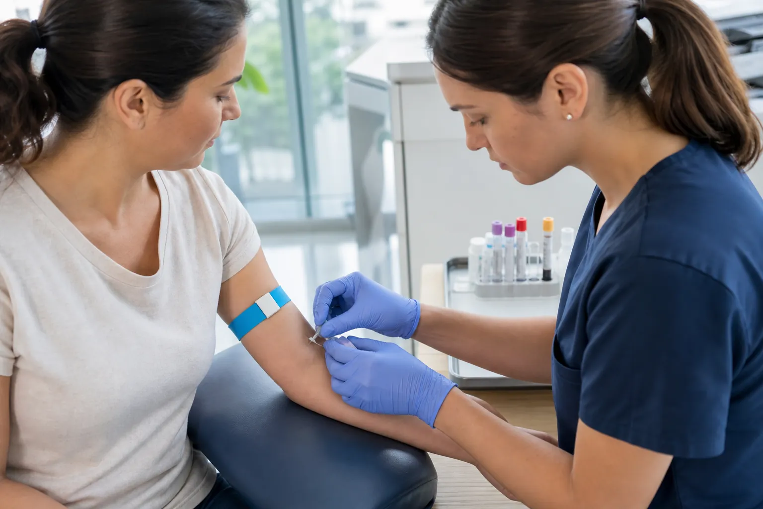 Blood draw for outpatient rehabilitation lab testing A healthcare worker in blue scrubs draws blood from a patient seated in a clinical outpatient setting.