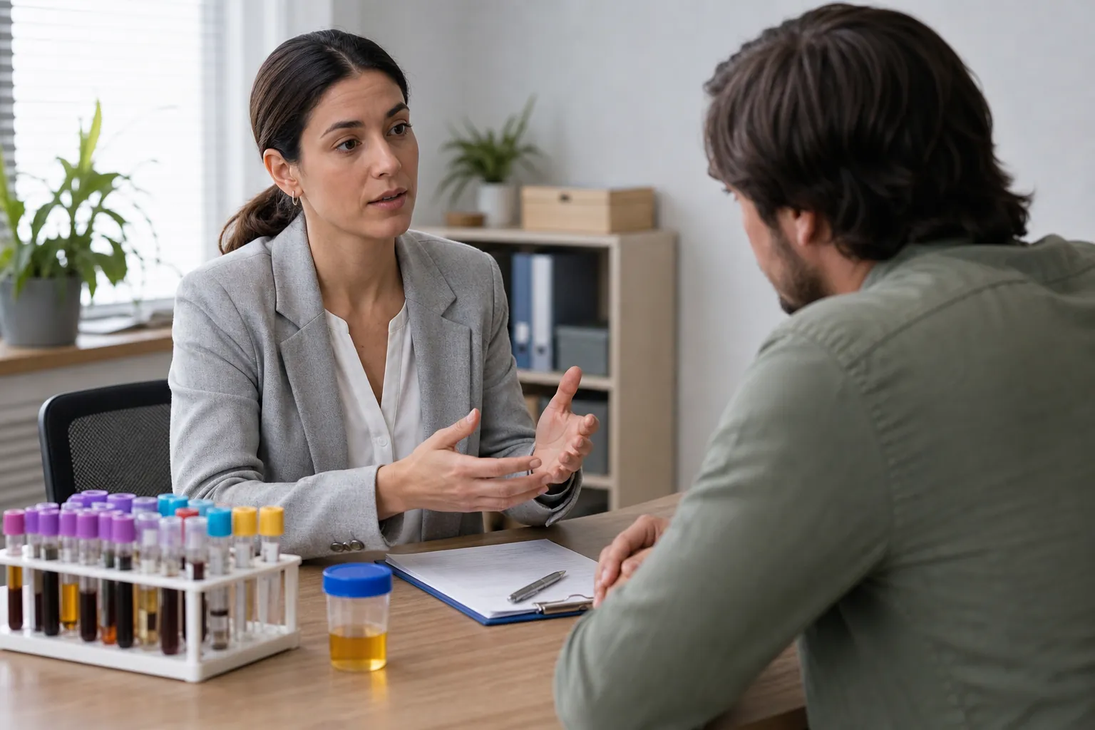 Clinician discusses outpatient lab testing with a patient A clinician speaks with a man across a desk holding blood sample tubes, a urine specimen cup, and a clipboard.