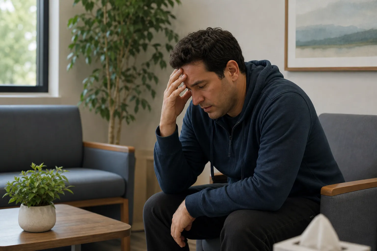 A man in a navy hoodie sits leaning forward in a waiting room, resting one hand against his forehead beside a table with a plant.