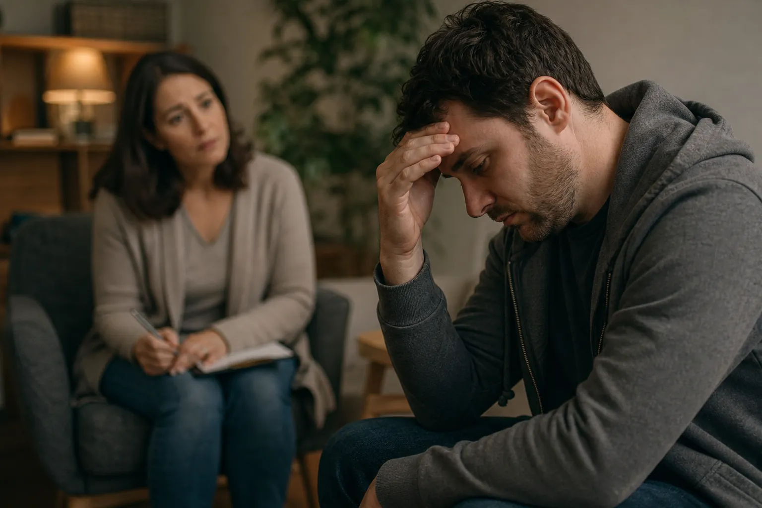 A worried man in a gray hoodie rests his hand on his forehead while a woman seated behind him holds a pen and notebook.