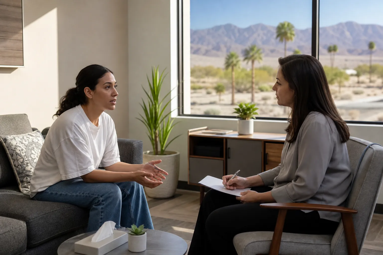 Two women sit facing each other in a counseling room, one taking notes, with desert mountains and palm trees outside.
