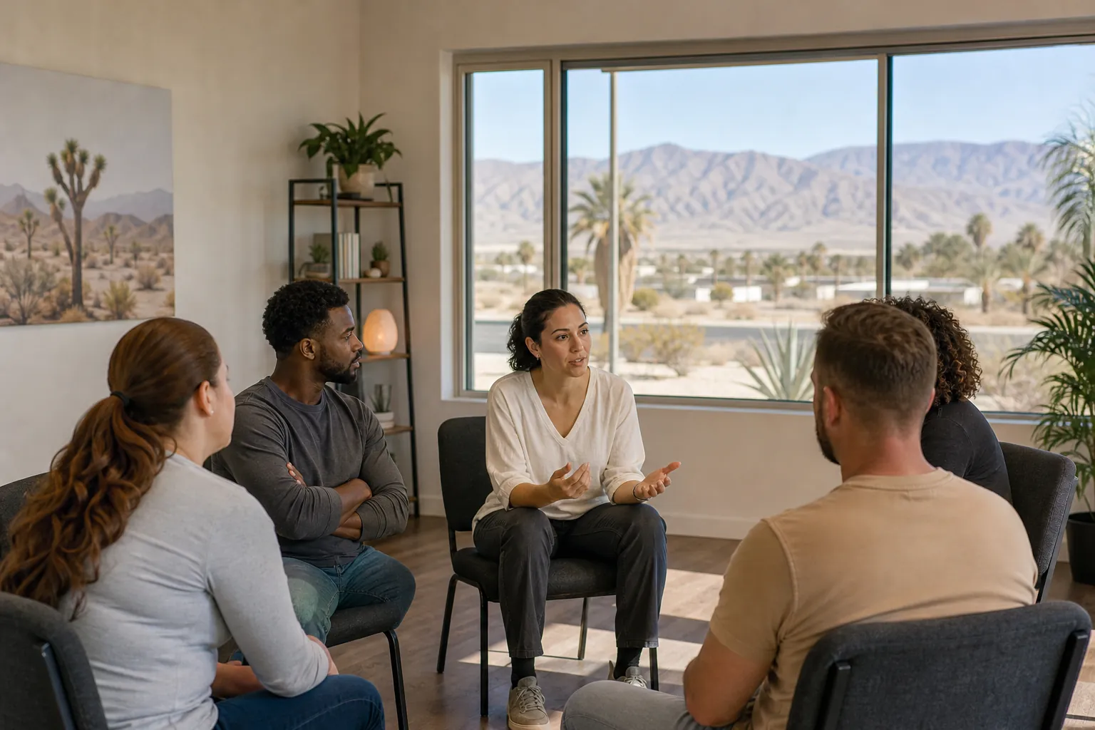 Five adults sit in a discussion circle as a woman gestures, with desert mountains and palm trees visible through large windows.
