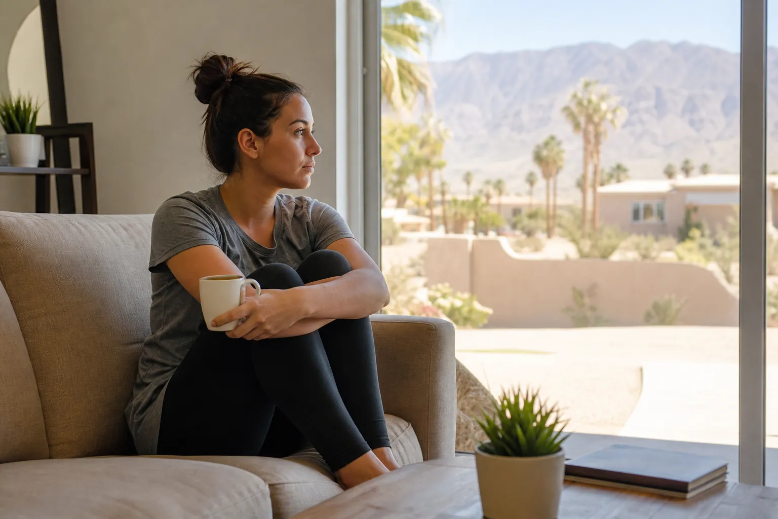 A woman sits curled up on a sofa holding a mug, looking through a window at palm trees and desert mountains.