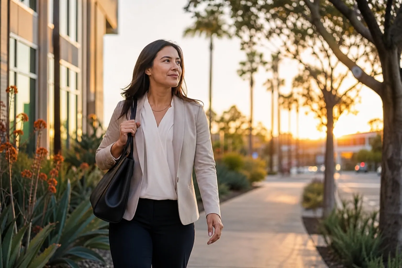 A woman in a beige blazer carries a black shoulder bag along a landscaped sidewalk beside a modern building at sunset.