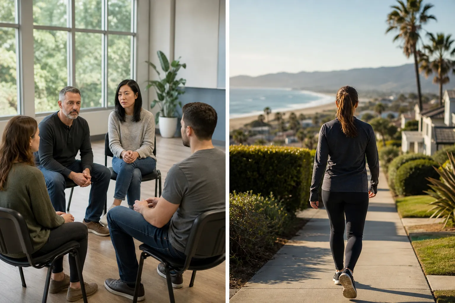 Group discussion and a walk near the coast Split image showing four adults seated in a circle indoors and a woman walking along a coastal neighborhood sidewalk.