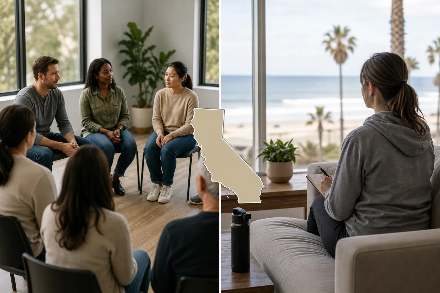 Group discussion and journaling beside a coastal window Split image of adults seated in a group discussion and a woman writing in a notebook beside an ocean-facing window, with a California outline overlay.
