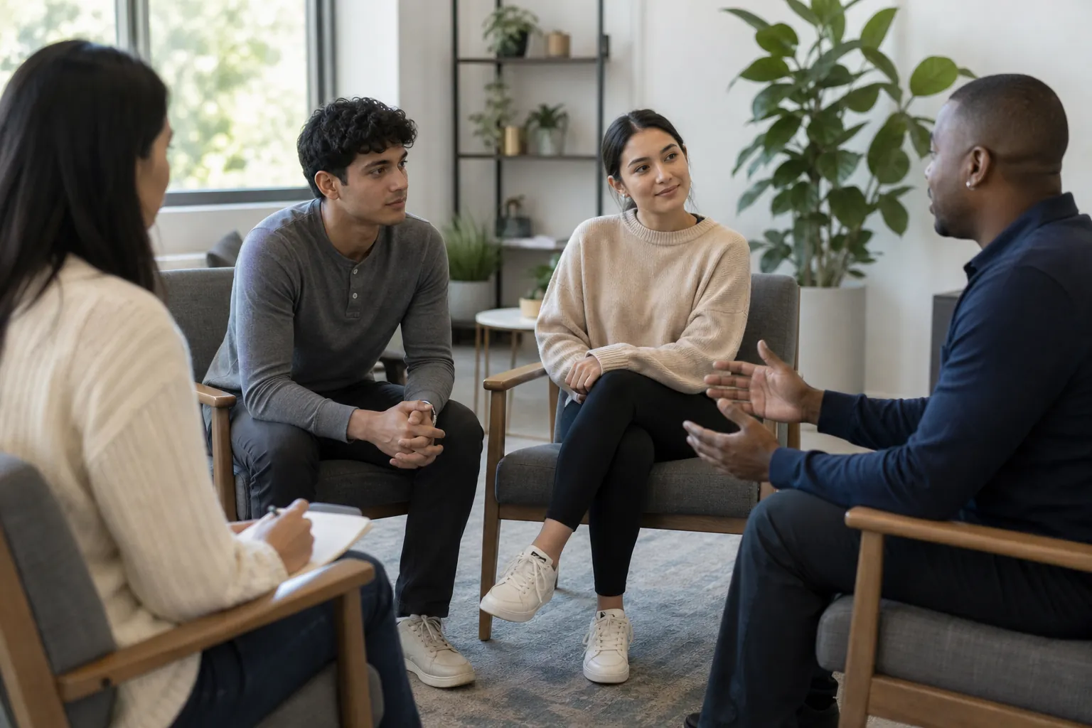Behavioral Health Group Discussing PHP Clinical Admission Four adults sit in a circle during a behavioral health group discussion in a bright clinical office.