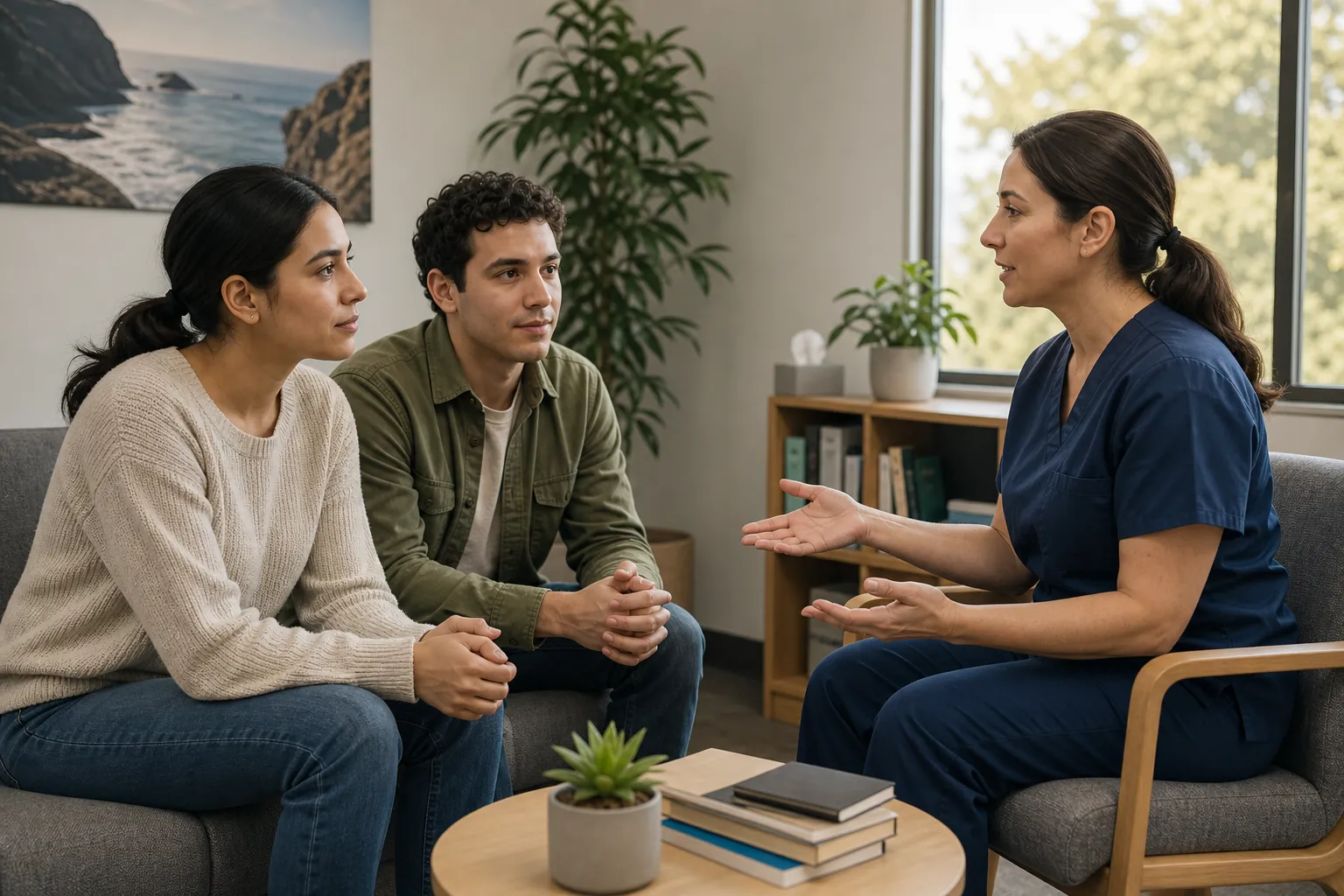 Healthcare professional consulting with two adults A healthcare professional in navy scrubs speaks with two adults seated in a bright office consultation area.