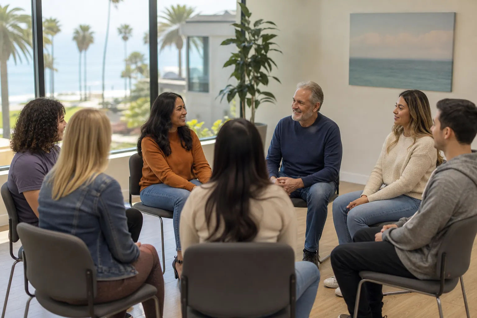 Adults Participating in a Group Therapy Session Seven adults sit in a circle for a group therapy session in a bright room overlooking palm trees and the ocean.