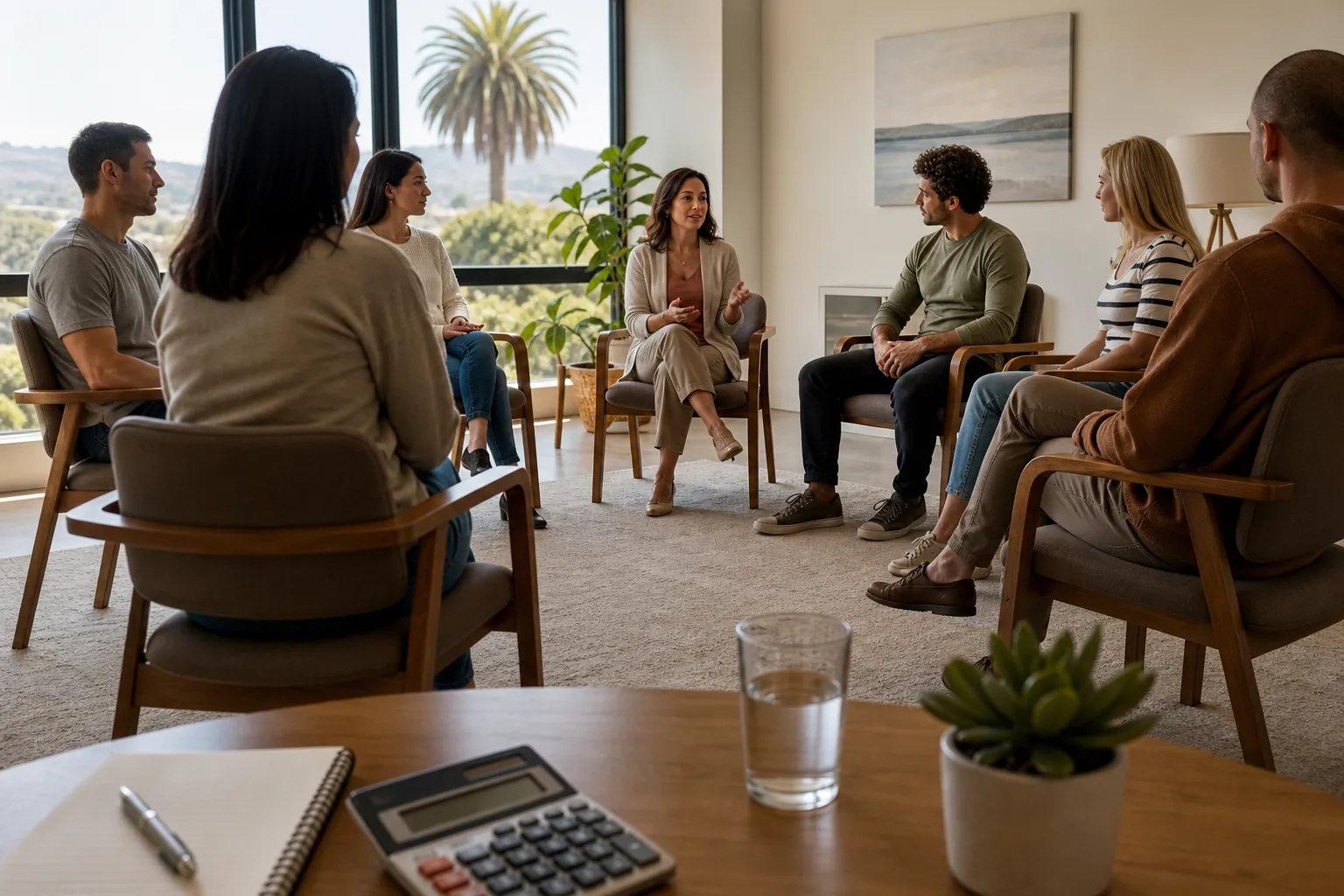 California treatment group with cost planning materials Seven adults sit in a therapy group circle, with a calculator, notebook, water glass, and plant on a table.