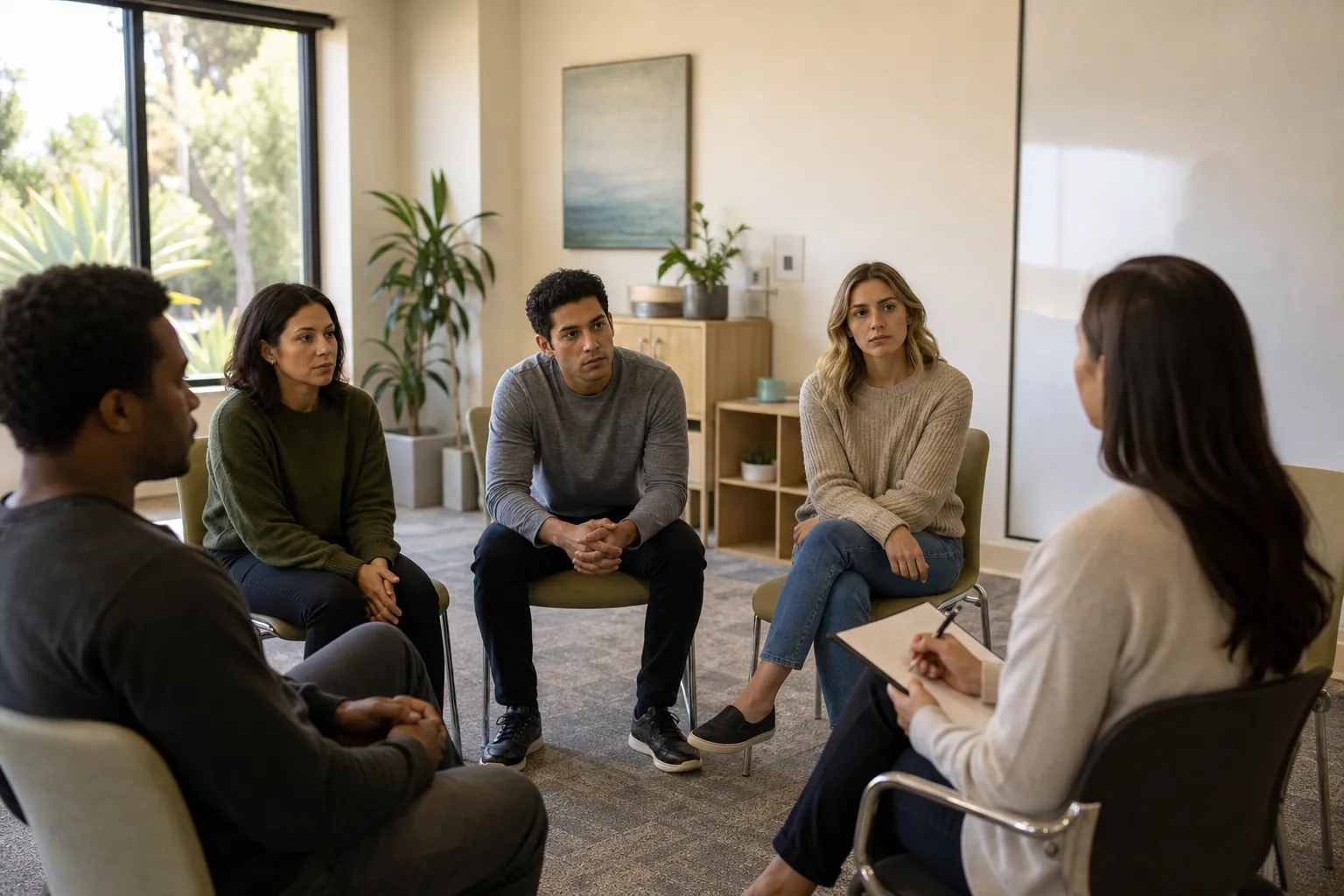 Therapist Leading a Behavioral Health Group Session Therapist with a notepad leads a seated group of four adults in a bright behavioral health treatment room.