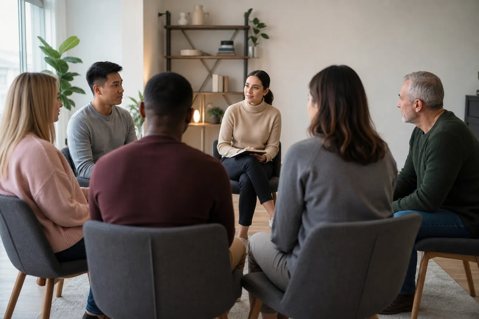 Therapist-Led Group Counseling Session Six adults sit in a circle during a therapist-led group counseling session in a bright, comfortable room.