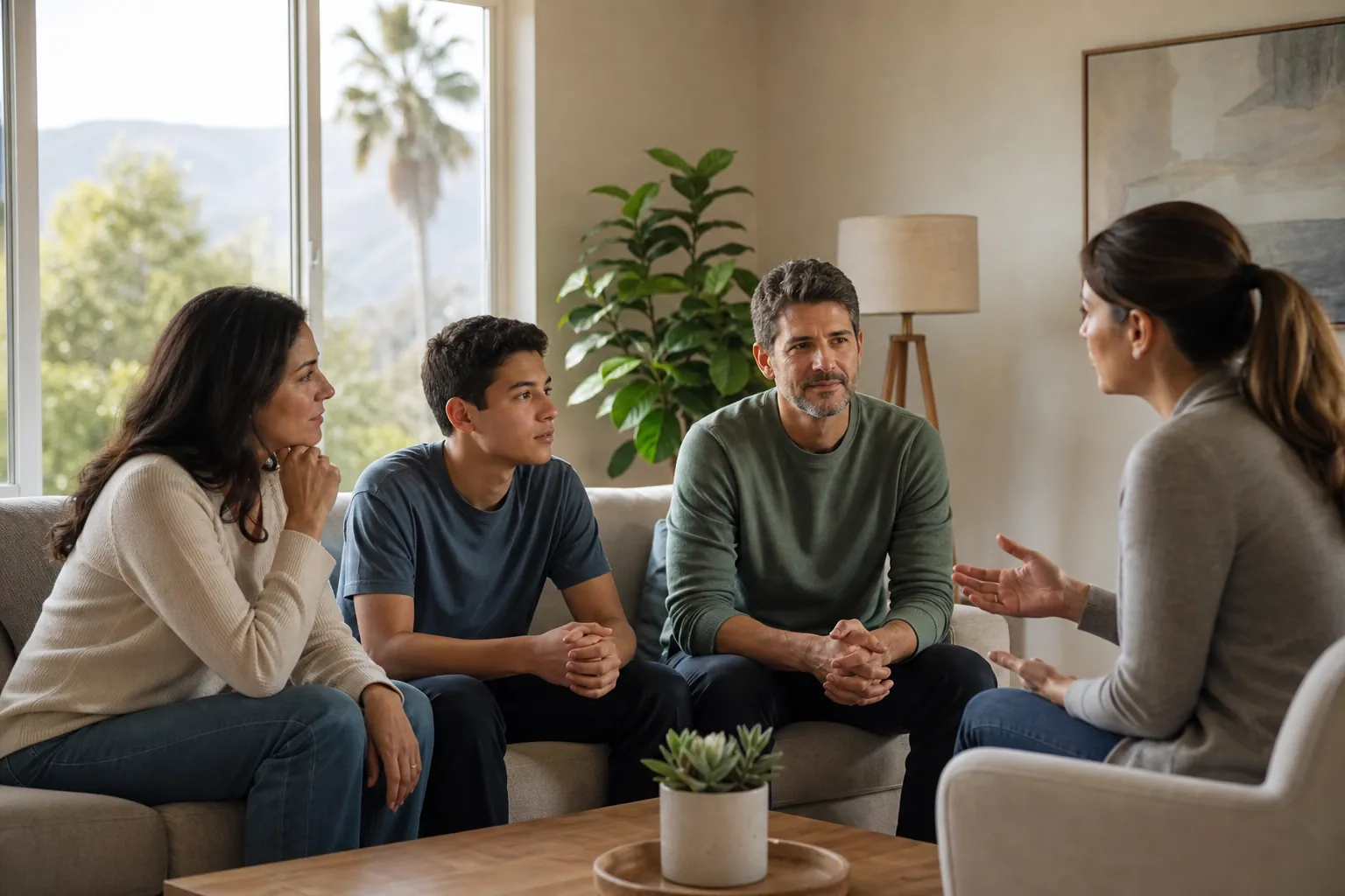 Family Participating in a Counseling Session A family of three sits on a sofa speaking with a counselor in a bright, comfortable therapy room.
