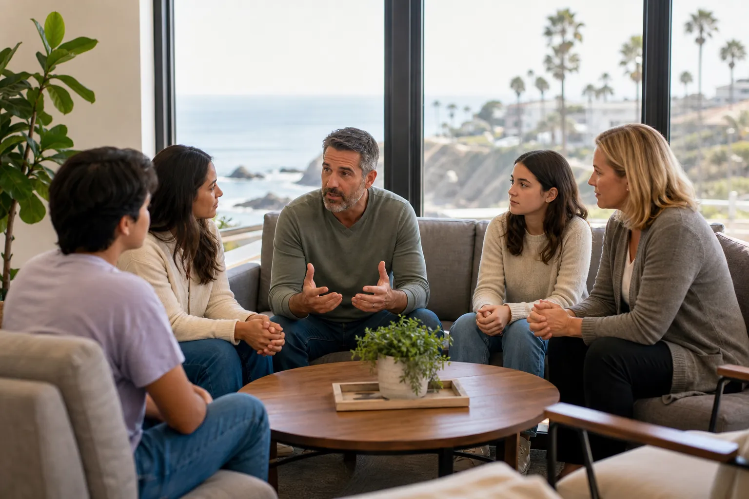 Adults participating in a coastal group counseling session Five adults sit together in a counseling group, talking in a bright room overlooking the California coast.