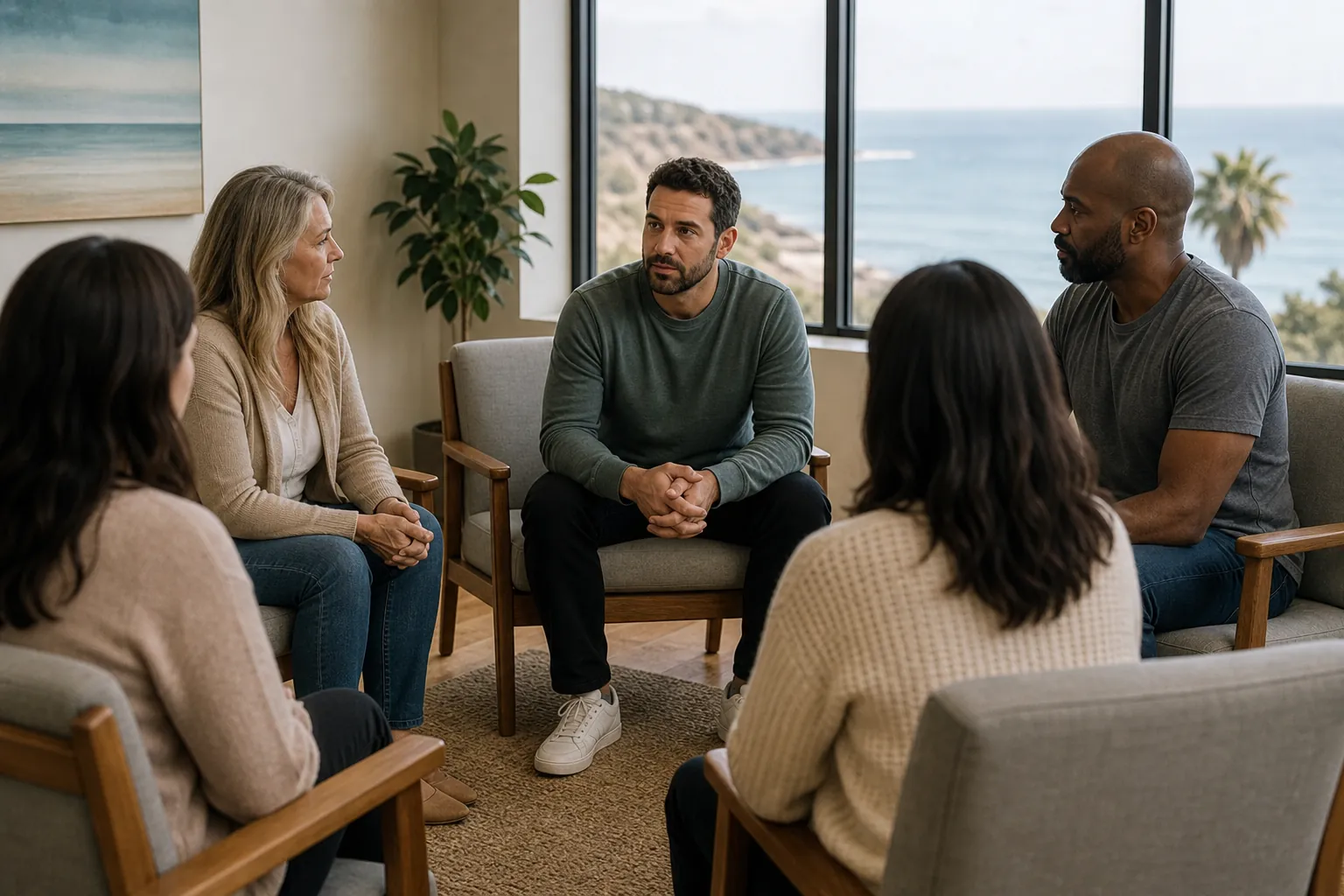 Five adults sit in a circle for a group discussion in a bright room with large windows overlooking the ocean.