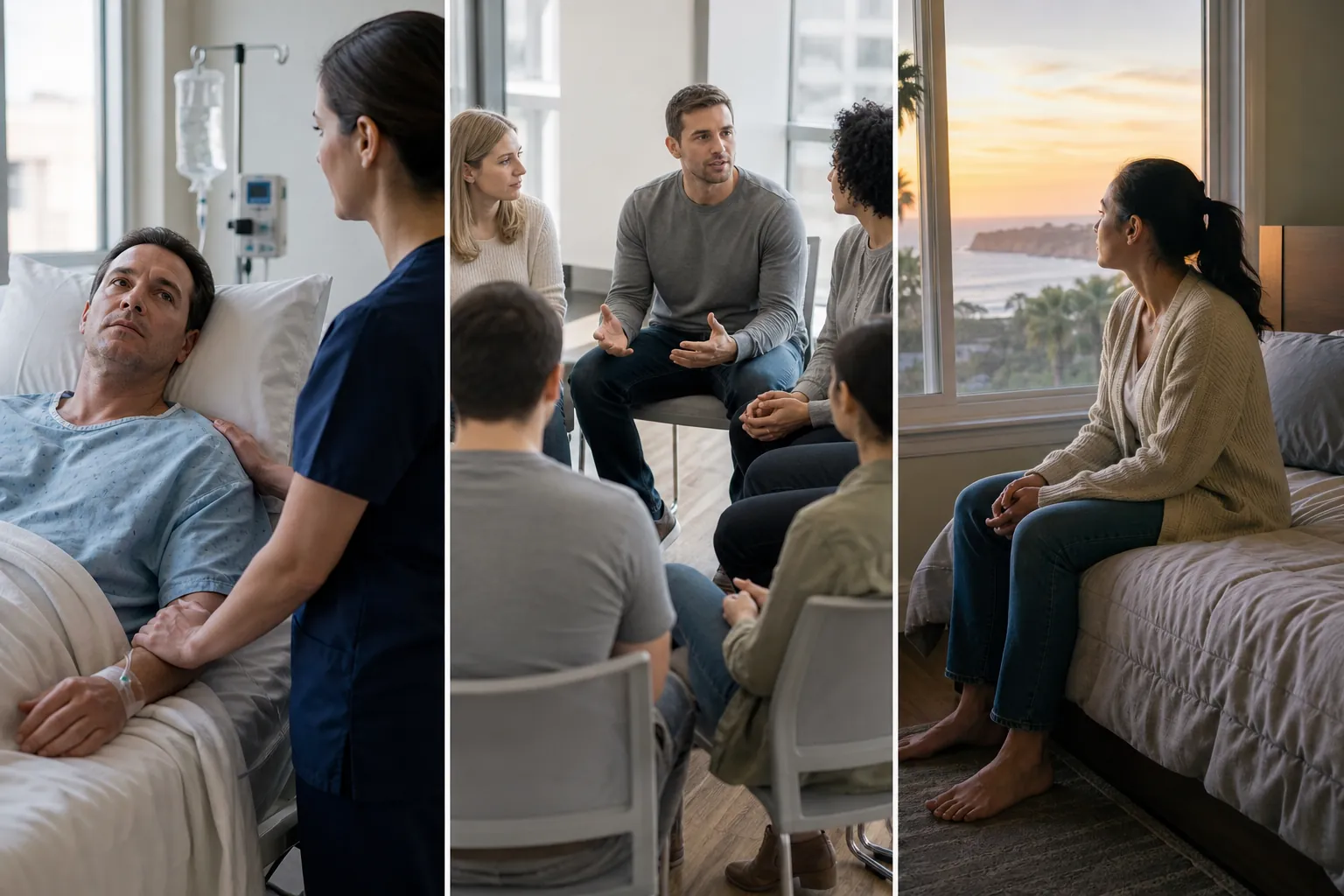 Three panels show a patient with a nurse, adults in group therapy, and a woman sitting on a bed beside an ocean-view window.