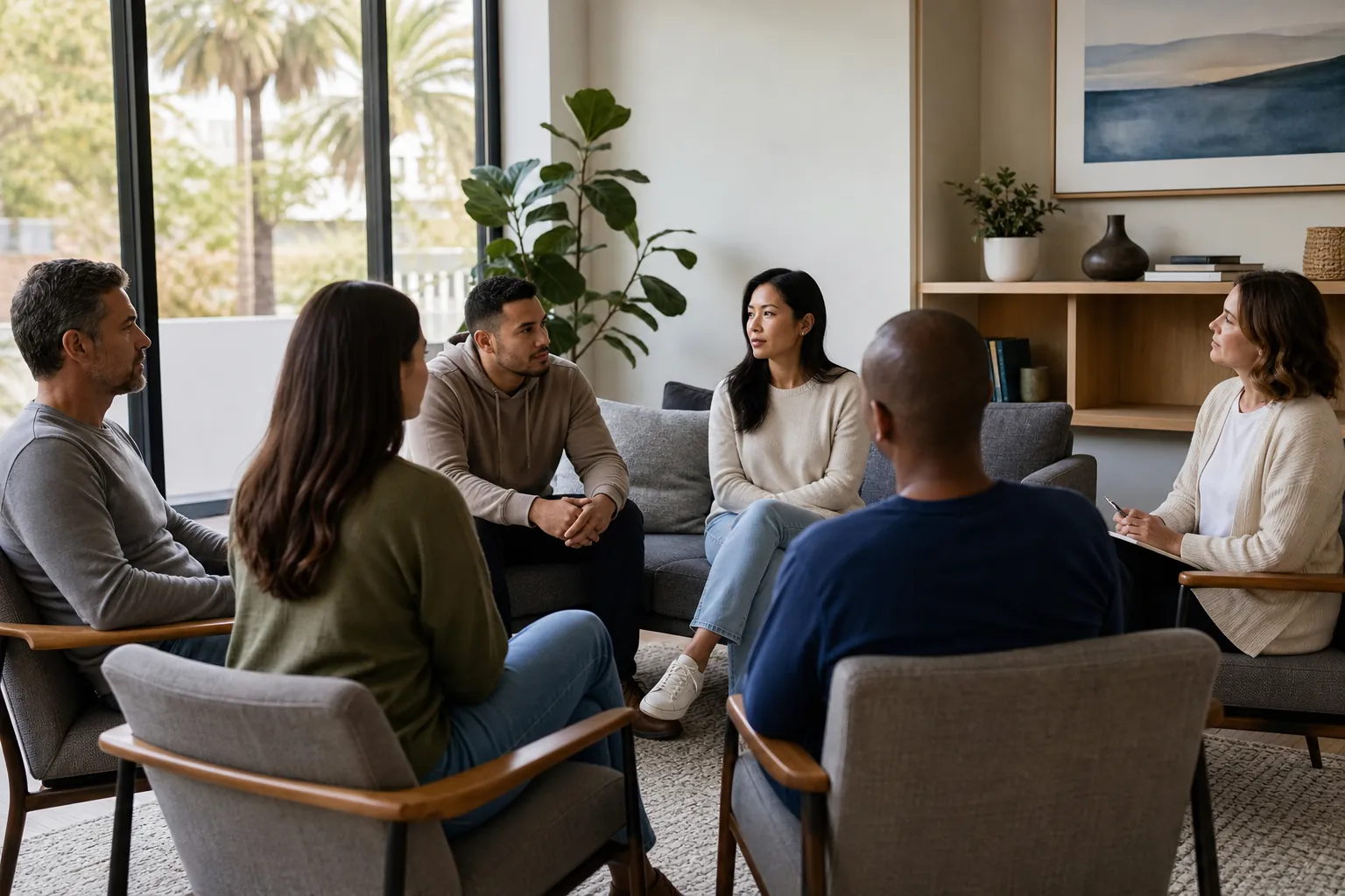 Six adults sit in a circle in a bright counseling room, with one woman holding a pen and notepad during a group discussion.