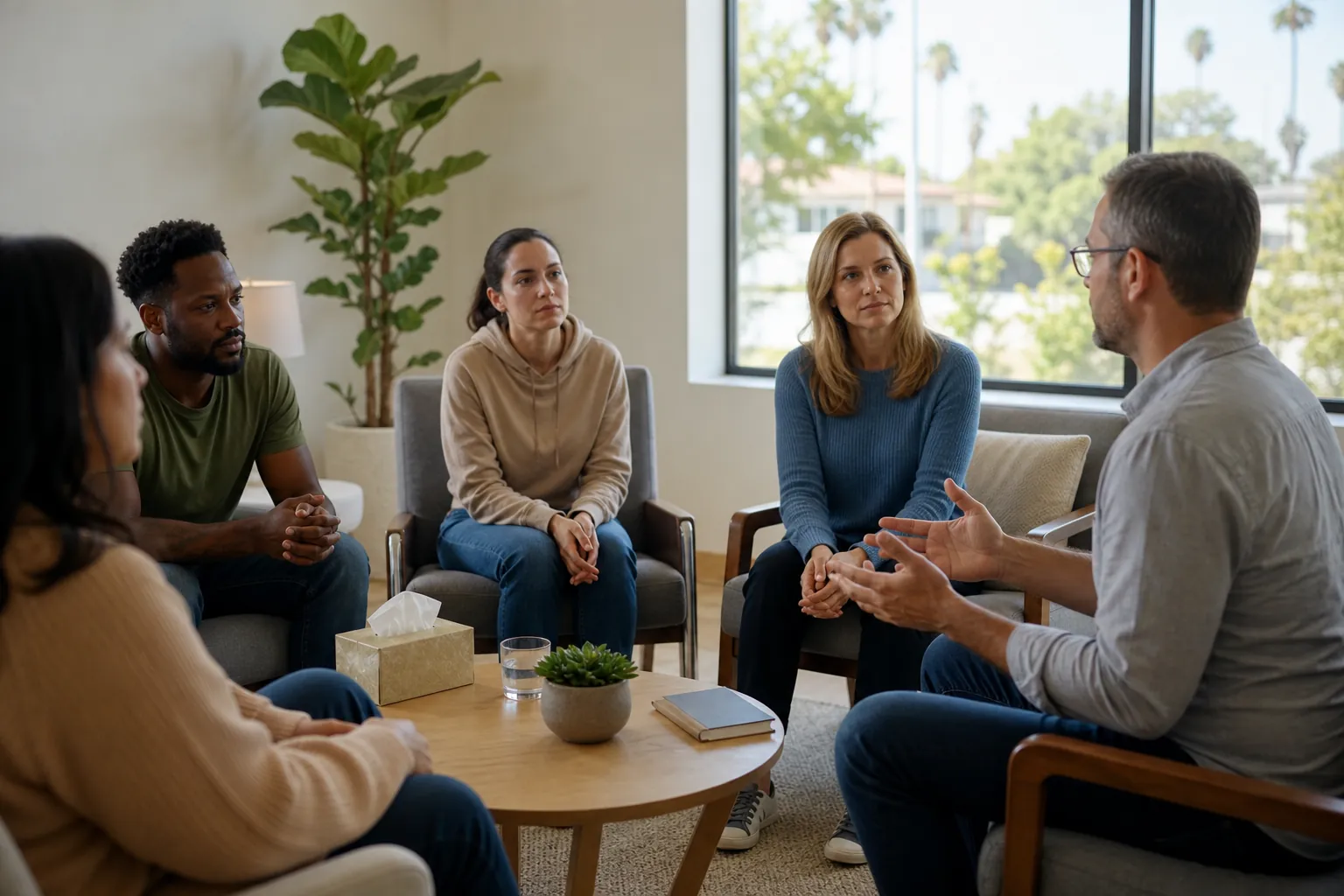 Five adults sit in a circle in a bright room as a man gestures during a group discussion, with tissues on a central table.