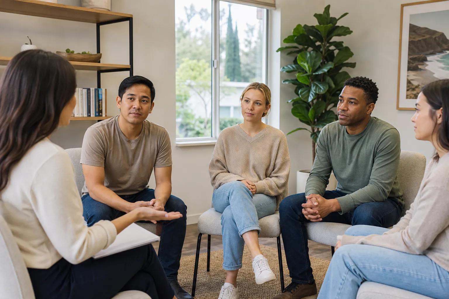 Five adults sit in a circle in a bright room, with a woman gesturing over a notebook as the others listen.