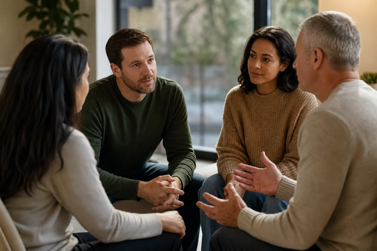 Four adults sit in a small discussion circle in a bright room, listening as a gray-haired man gestures with both hands.