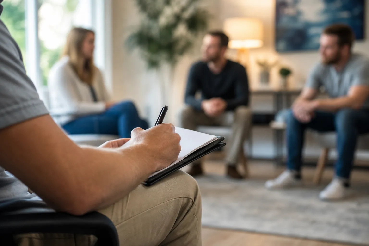 A seated person holds a pen over a clipboard while three adults sit in a softly blurred group discussion setting.