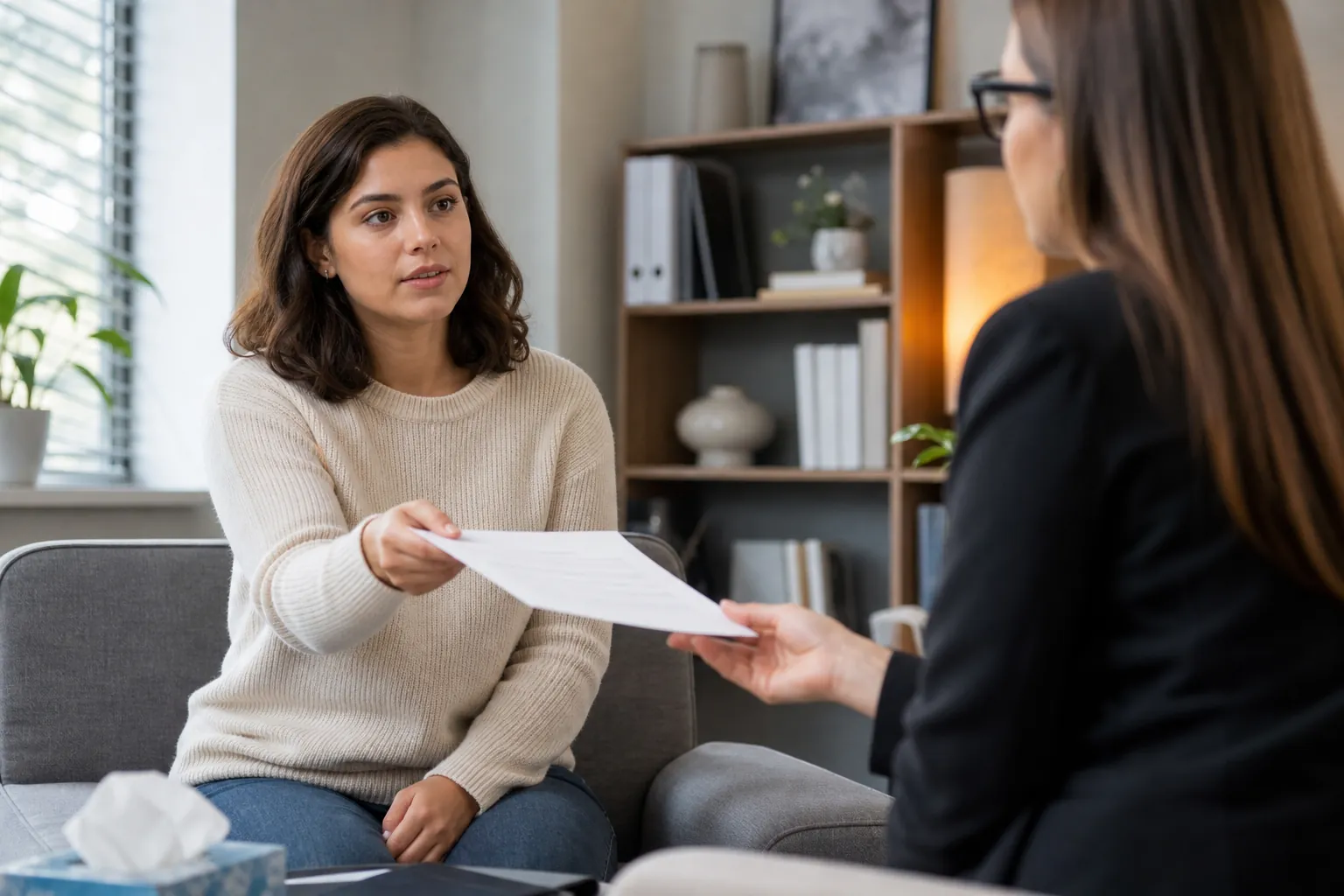 A woman in a cream sweater exchanges a paper document with a woman wearing glasses in a furnished office.