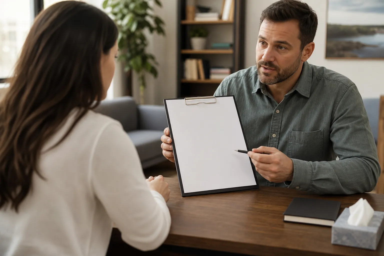 A man holds a blank clipboard and points to it with a pen while speaking with a woman across a wooden desk.