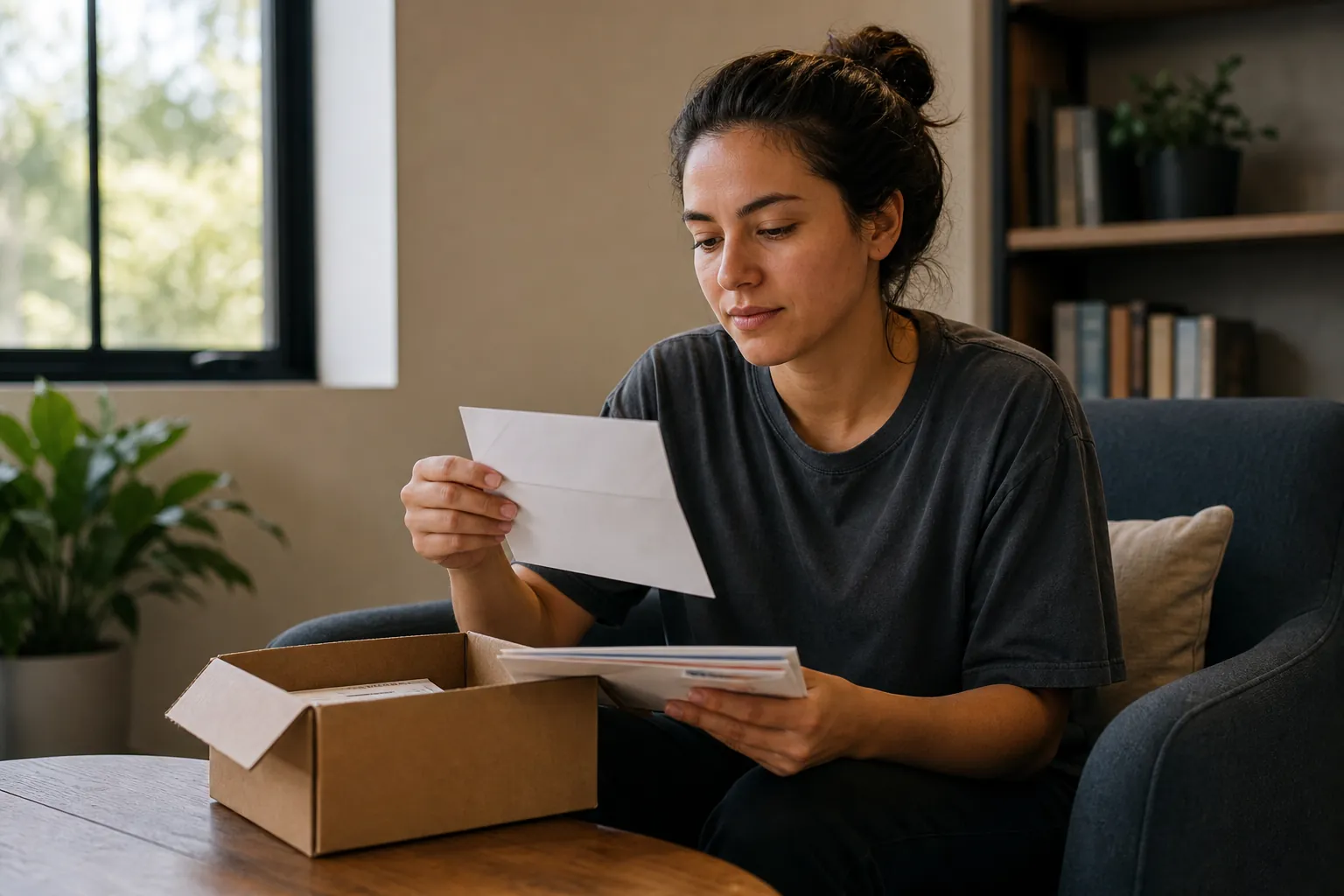 Woman Reading Mail in a Residential Setting Woman seated in a living room reading an envelope beside an open cardboard box filled with mail.