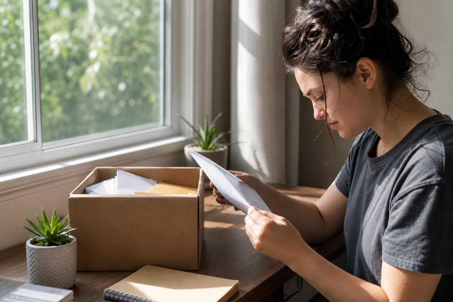 Woman Reading Mail Beside a Box of Envelopes Woman seated by a window reading a letter beside an open cardboard box filled with envelopes and papers.